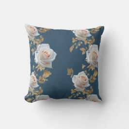 青い背景に白いバラ離れと金ゴールド クッション