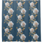 青い背景に白いバラ離れと金ゴールド シャワーカーテン (正面)