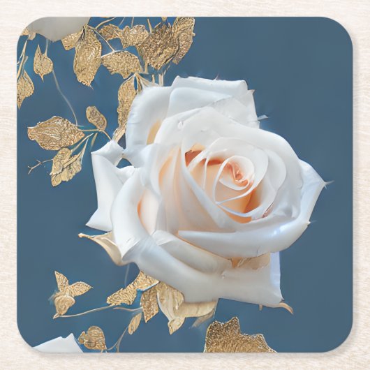 青い背景に白いバラ離れと金ゴールド スクエアペーパーコースター (正面)