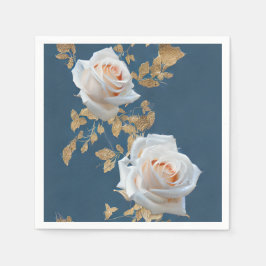 青い背景に白いバラ離れと金ゴールド スタンダードカクテルナプキン