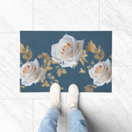 青い背景に白いバラ離れと金ゴールド ドアマット