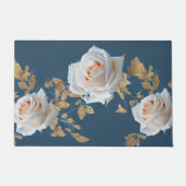 青い背景に白いバラ離れと金ゴールド ドアマット (正面)