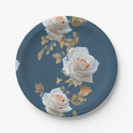 青い背景に白いバラ離れと金ゴールド ペーパープレート