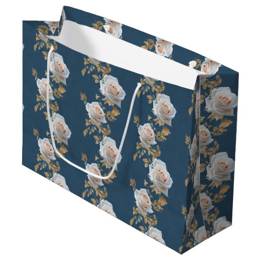 青い背景に白いバラ離れと金ゴールド ラージペーパーバッグ (正面アングル)