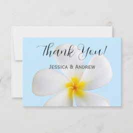青い背景に白いプルメリア、トロピカル、フラワーリズム サンキューカード