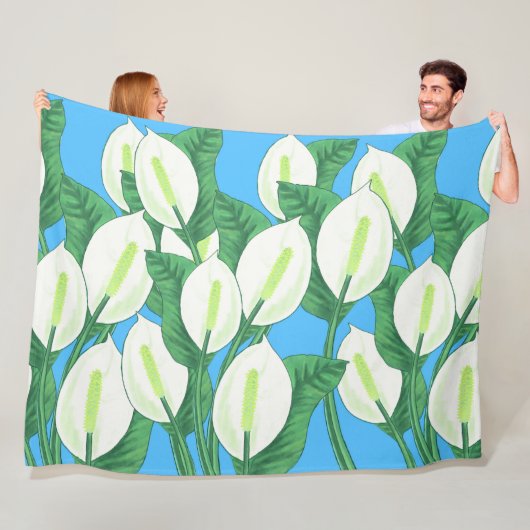 青い背景に白い平和淡い色ののユリ フリースブランケット (インサイチュ)