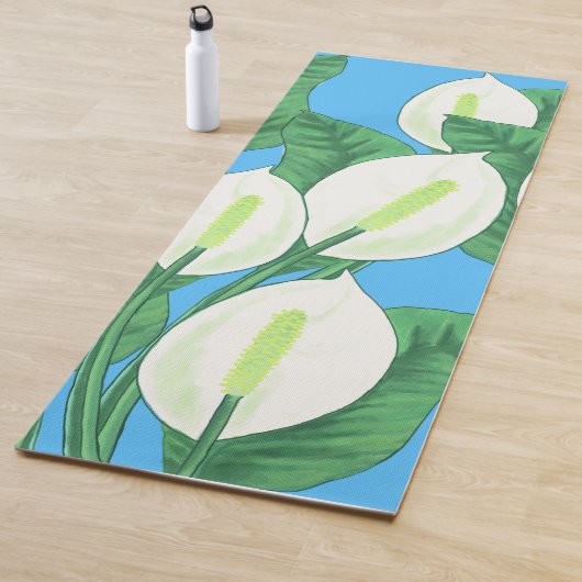 青い背景に白い平和淡い色ののユリ ヨガマット (インサイチュ)