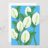 青い背景に白い平和淡い色ののユリ 招待状 (正面/裏面)