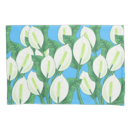 青い背景に白い平和淡い色ののユリ 枕カバー