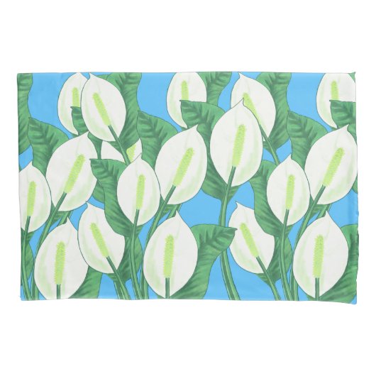 青い背景に白い平和淡い色ののユリ 枕カバー (正面)