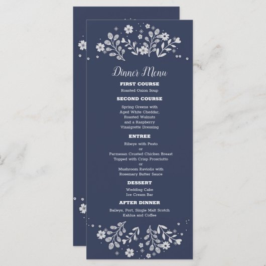 青い背景に白い花のウェディングメニュー メニュー (正面/裏面)