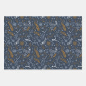 青い背景に白と金の花の落書き ラッピングペーパーシート (正面2)