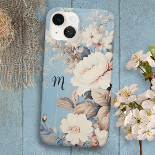 青い背景に白素朴いバラとモノグラム Case-Mate iPhone 14ケース