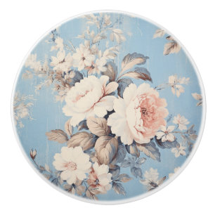 青い背景に白素朴いバラ セラミックノブ