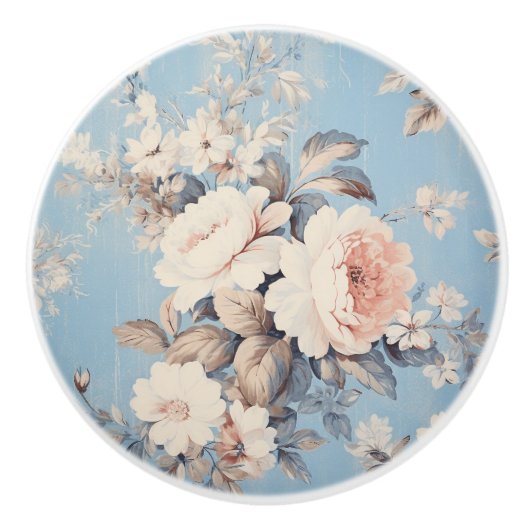 青い背景に白素朴いバラ セラミックノブ (正面)