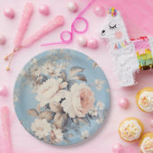 青い背景に白素朴いバラ ペーパープレート (パーティー)