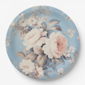 青い背景に白素朴いバラ ペーパープレート (正面)