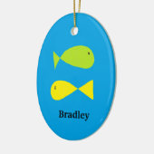 青い背景に緑と黄色の魚がかわいい セラミックオーナメント (左)