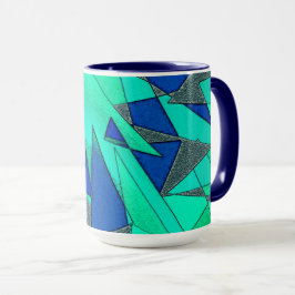 青い背景に緑の三角切り出し、粗い マグカップ