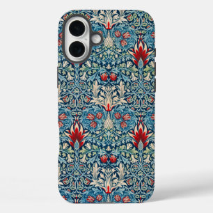 青い背景に緑の葉の花柄 iPhone 16 PLUSケース