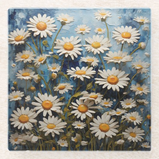 青い背景に美しいデイジー ガラスコースター (正面)