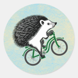 青い背景に自転車に乗るハリネズミ ラウンドシール