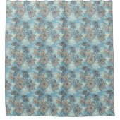 青い背景に花の模様 シャワーカーテン (正面)