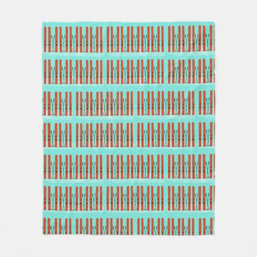 青い背景に赤いスキー フリースブランケット (正面)