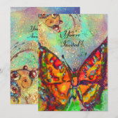 青い背景に赤い蝶　ターコイズ　ゴールドのスパークル 招待状 (正面/裏面)