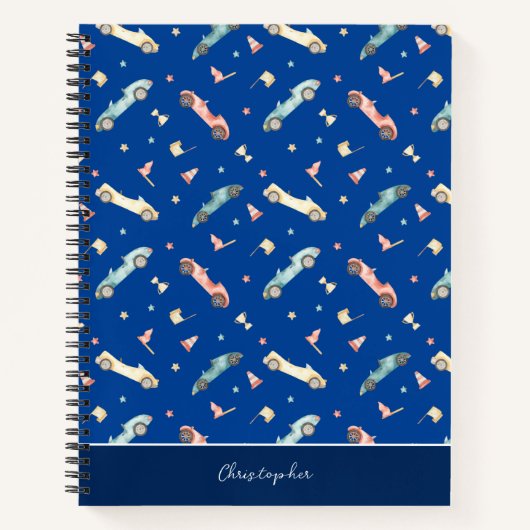 青い背景に赤と黄色の水彩レースカーのキュートなパターン ノートブック (正面)