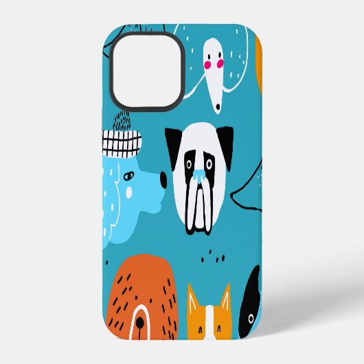 青い背景に遊ぶ犬のパターン iPhoneケース (裏面)