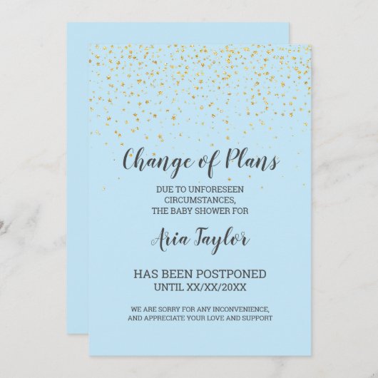 青い背景に金の紙吹雪 予定変更のお知らせ 招待状 (正面/裏面)
