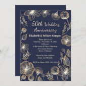 青い背景に金の花 50周年記念結婚式 招待状 (正面/裏面)