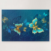 青い背景に金の蝶 ジグソーパズル (横)
