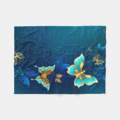 青い背景に金の蝶 フリースブランケット (正面(横))