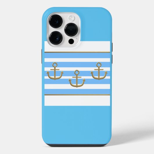 青い背景に金の錨 iPhoneケース (裏面)