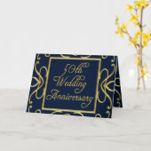 青い背景に金色のハート 50周年結婚記念日 カード (黄色い花)