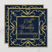 青い背景に金色のハート 50周年結婚記念日 招待状 (正面/裏面)