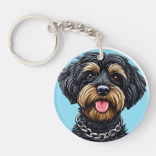 青い背景に鎖のついた犬 キーホルダー (正面)
