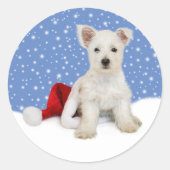 青い背景に雪のシールを付ける ラウンドシール (正面)