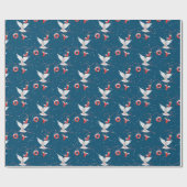 青い背景に雪の結晶と「JOY」の文字のクリスマスメッセージが付いた白い鳩 ラッピングペーパー (フラット)