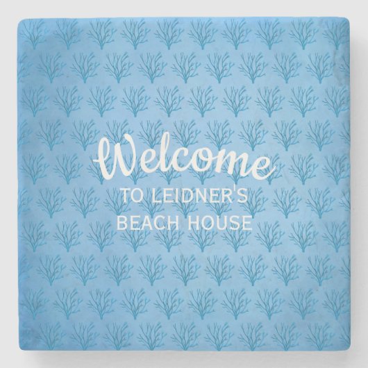 青い背景に青い海木のサンゴ模様 ストーンコースター (正面)