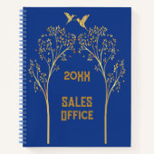 青い背景に鳥のモノグラム入り金の木| ノートブック (正面)