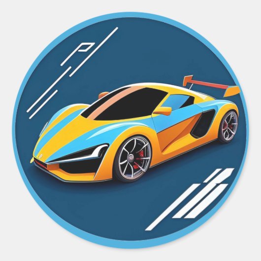 青い背景に黄色のスポーツカー ラウンドシール (正面)