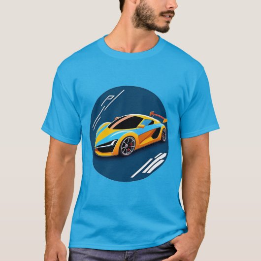 青い背景に黄色のスポーツカー Tシャツ (正面)