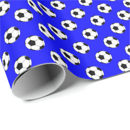 青い背景に黒と白のサッカーボール ラッピングペーパー
