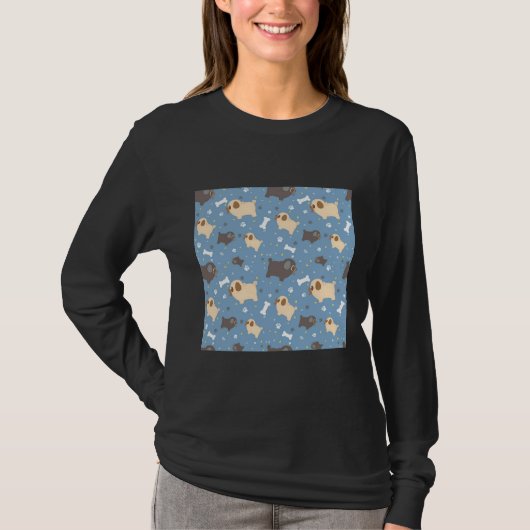 青い背景に黒と薄茶色のクラシックパグT-S Tシャツ (正面)