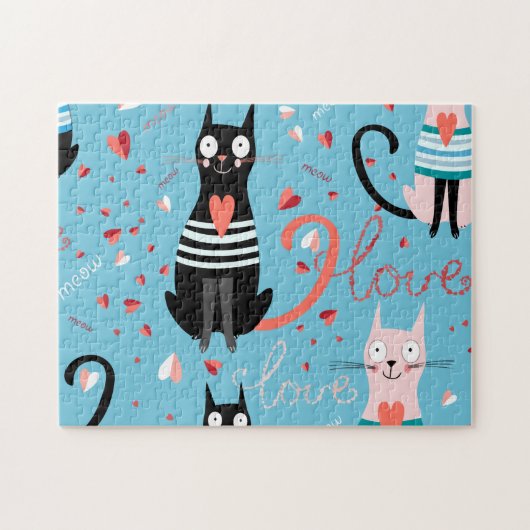 青い背景のかわいい猫パターン ジグソーパズル (横)