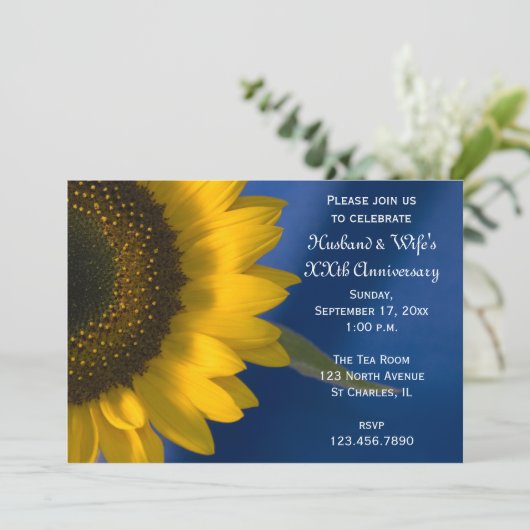 青い背景のひまわり 結婚記念日パーティー 招待状 (スタンド正面)