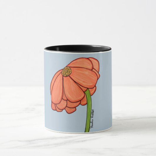 青い背景のオレンジの花 マグカップ (中央)